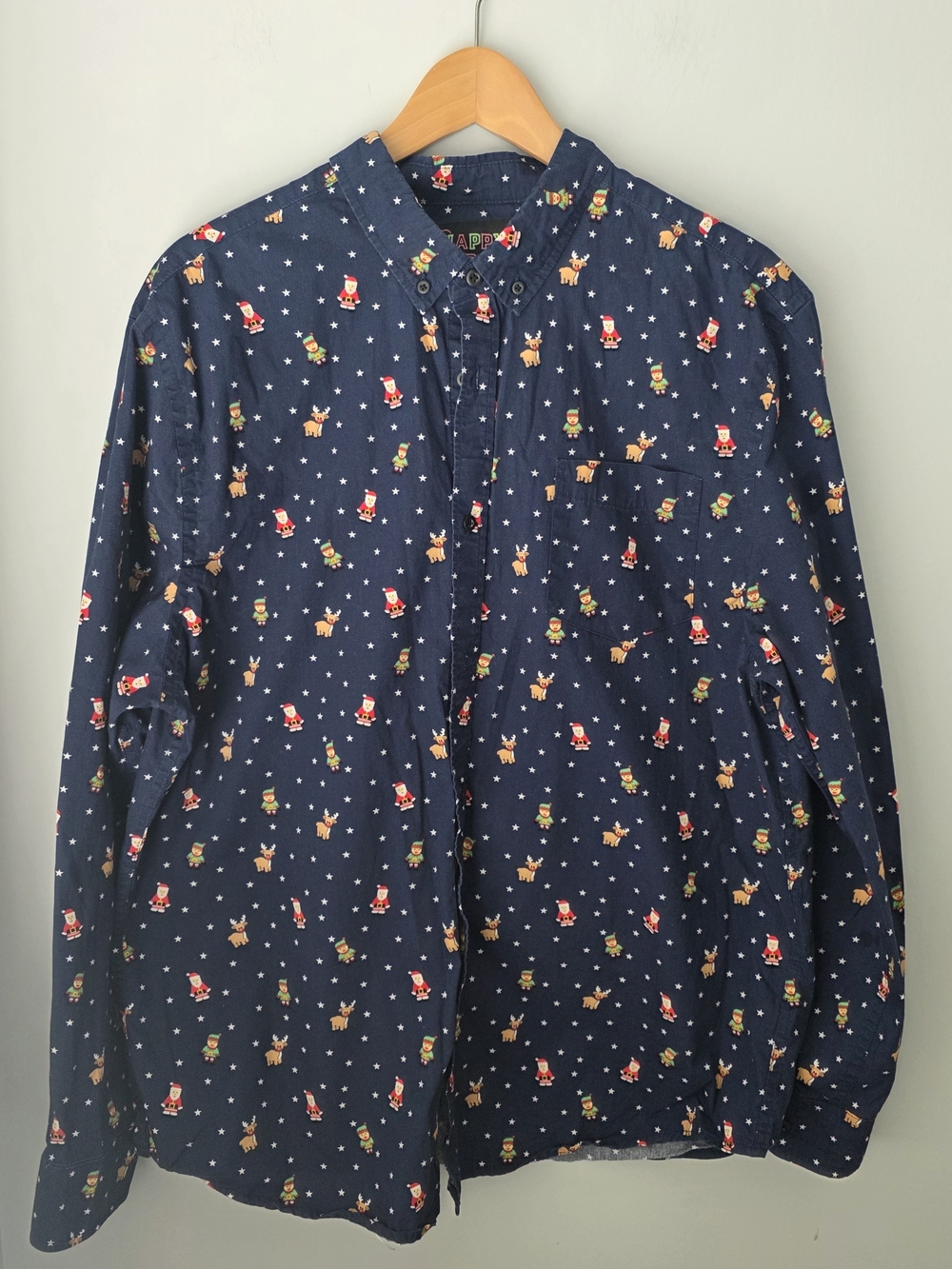 Urban Heritage Happy Holidays Christmas Button Down Shirt Men's XL Navy Santa